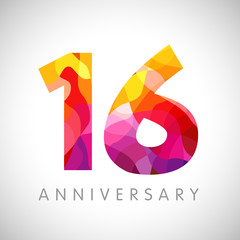 16 th anniversary numbers. 16 years old yellow coloured logotype. Age congrats, congratulation idea. Isolated abstract graphic web design template. Creative 6, 1 digits. Up to 16% percent off discount