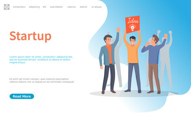 Business development and decision, startup vector. Man holding banner with big lightbulb banner sign of idea, innovation in company project. Website or webpage template, landing page flat style