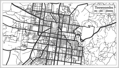 Toowoomba Australia City Map in Black and White Color. Outline Map.