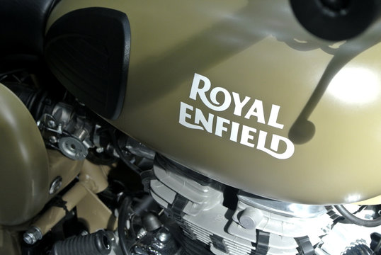 KUALA LUMPUR, MALAYSIA -MARCH 31, 2018: ROYAL ENFIELD motorcycle brand and logos at the motorcycle body. Royal Enfield motorcycle is originally from the United Kingdom but now and manufactured by Indi
