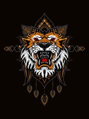 Tiger head vector illustration with mandala as the background ornament, suitable for apparel merchandise, t-shirt or outerwear.