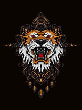 Tiger head vector illustration with mandala as the background ornament, suitable for apparel merchandise, t-shirt or outerwear.