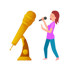 Gold prize for best performer, woman with mike singing and dancing. Performance of lady with microphone and award for live concert contest. Vector illustration in flat cartoon style