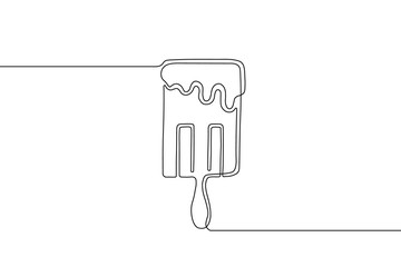 Rectangular ice cream various tastes with liquid cream or chocolate on top and wooden stick drawing in style of one continuous line black color. Self drawing