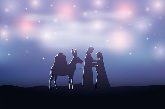 saint joseph and mary virgin in mule manger silhouette