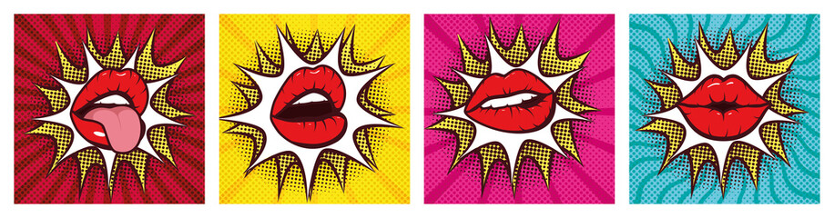 set of sexy woman mouths with splash pop art style