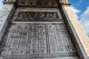 The inner facade of the south pillar with the engraved names of the military leaders of the French Revolution and Empire. The Arc de Triomphe de l'Étoile