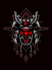 Samurai mask and helmet vector illustration with mandala as the background ornament, suitable for apparel merchandise, t-shirt or outerwear.