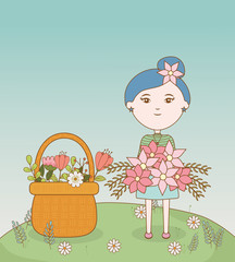 girl with flower in hair and bouquet flowers cartoon