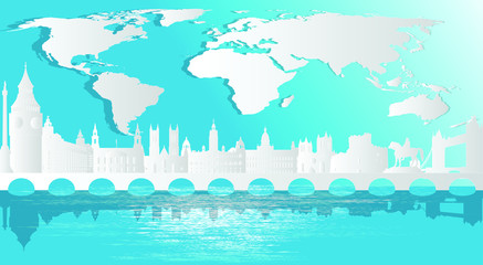 England, United Kingdom,Great Britain  With views of famous landmarks and world-class cities, tourism poster illustrations Paper cutting,Panorama of top world famous landmark of London - vector