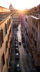 Sunset on a street in the historic center of Rome