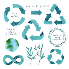 Watercolor set with blue recycling signs, planet Earth and sprig with leaves, isolated on white background. Hand drawn reuse symbol for ecological design. Zero waste lifestyle.  - 298418525