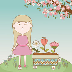 girl flowers in pot tree branch meadow cartoon