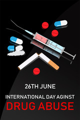 Broken syringe and damaged drug abuse with the day and name of "International day against drug abuse" campaign on black glass background. All in vector design.