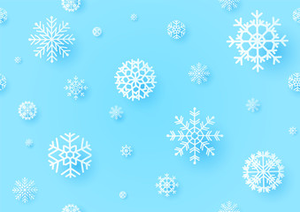 Variety snowflakes with shadow on blue background and wallpaper. Seamless pattern in vector design.