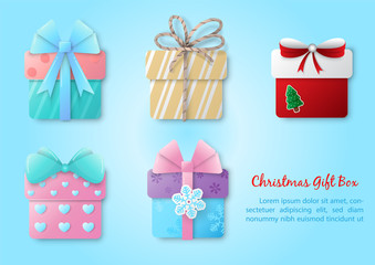 Set of variety gift box in paper cut style on lights blue background and vector design.