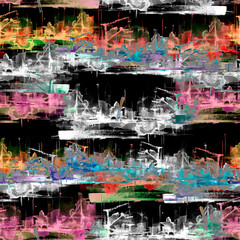 Seamless watercolor background with a pattern of the city, industry. The landscape of the city. Beautiful splash of paint, stain, background. Silhouettes industrial city zone,port, building, urban