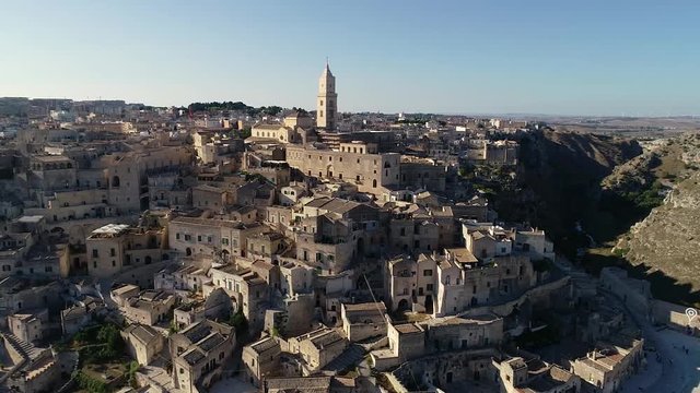 the ancient village of Matera recorded with drone very close. The small town is located on a hill, the sassi and rupestrian churches were named world heritage site.