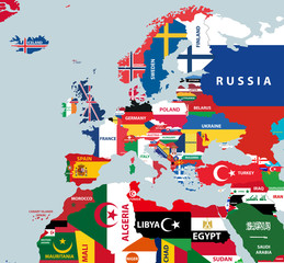 Obraz premium vector map with european and north african countries mixed with their national flags