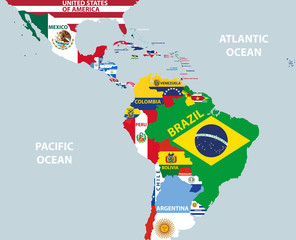 vector part of world map with region of Latin American countries mixed with their national flags - 298421110