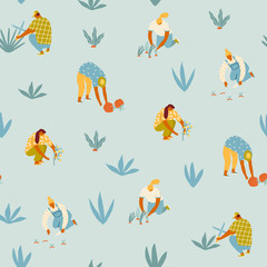 Obraz premium Farmer gardener cartoon girl growing vegetables and flowers on the farm illustration in vector. 