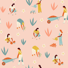 Farmer gardener cartoon girl growing vegetables and flowers on the farm illustration in vector. 