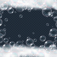 Realistic soap foam bubbles isolated on transparent background. 
