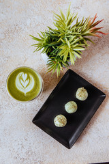 hot mocha green tea latte with candies