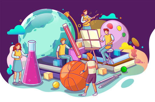 Illustration of Teachers Characters with Educational Tools and Stationery as Ball Globe Books. Various Science as Art, Chemistry, Geography, Language, Literature, Cartoon Flat Vector Illustration