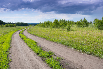 Fototapeta na wymiar Dirt road in green field. Transportation in countryside.