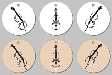 Round stickers template with cello. Isolated vector illustration with musician on white background