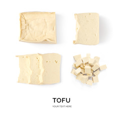 Creative layout made of tofu on white background. Flat lay. Food concept. Macro concept.