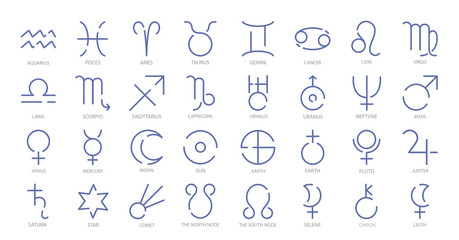 12 signs of the zodiac. And uranus, neptune, mars, venus, mercury, moon, sun, earth, plito, jupiter, saturn, star, comet, the north node, the south node, selene, chiron, lilith signs. Vector icons