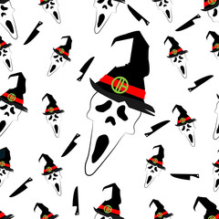 heloween skull mask black and white seamless vector patter ghost face 