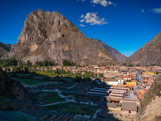 Inca ruins of Ollantaytambo. View from Urubamba valley to old village of Ollantaytambo, Cusco region, Peru.