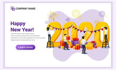 Happy new year concept. People celebrate the new year engaged in decoration on 2020 numbers preparing for the party. Can use for web banner, poster, landing page, web template. Vector illustration