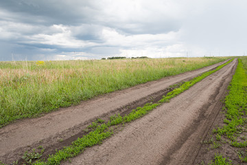 Dirt road in green field. Transportation in countryside.