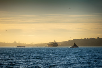 The atmospheric picture - a bulk-carrier, a tugboat and a passenger ferry, sail in the waters of the Bosphorus Strait, at evening 