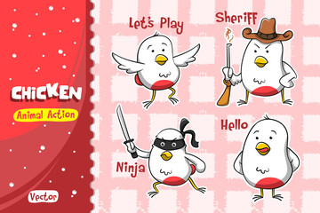 Chicken Cartoon Set. Vector Design of Animal Action