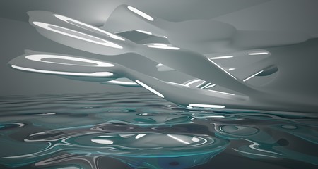 Abstract smooth architectural white interior with color gradient glass sculpture with water and  neon lighting. 3D illustration and rendering.