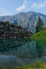 Mirror surface of mountain lake with reflection of stones and trees on shore