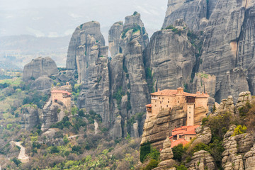 Fototapeta na wymiar Two monasteries in Meteora Greece Rousanou and Agios Nikolaos