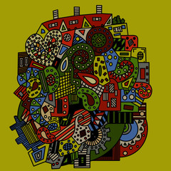 Abstract color drawing symbolizing the city, on which schematically drawn houses, plants, pipes, trees and gears are visible