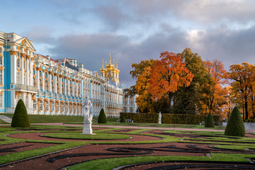 Golden autumn in Catherine Park, Pushkin, St. Petersburg, Russia. Catherine Palace.