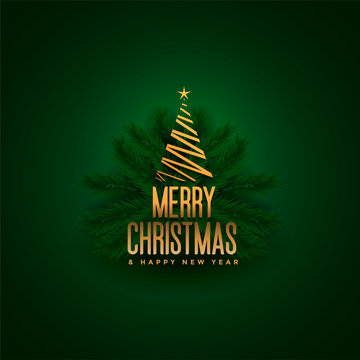 elegant merry christmas tree and leaves green background