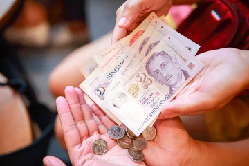 Tuinposter Hand hold a singapore dollar banknote ready for shopping, Singapore currency many value in shopping. © Narin Sapaisarn