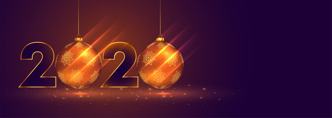 new year 2020 celebration banner with christmas balls
