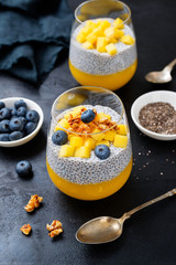 Vegan chia pudding with mango puree, blueberries and granola in a glass .