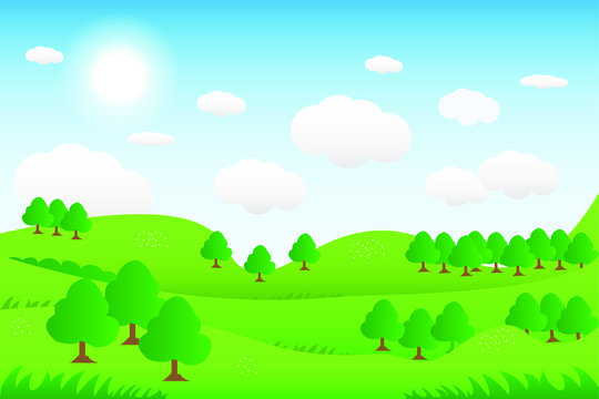 Gorgeous view. Vector illustration of green hill landscape with panoramic mountain and cloud sky.