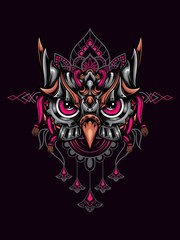 Owl head mecha vector illustration with mandala as the background ornament, suitable for apparel merchandise, t-shirt or outerwear.